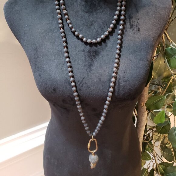 Women's Fashion Long Necklace Gray Moonstone Round Beaded Chunky Style - Picture 1 of 7